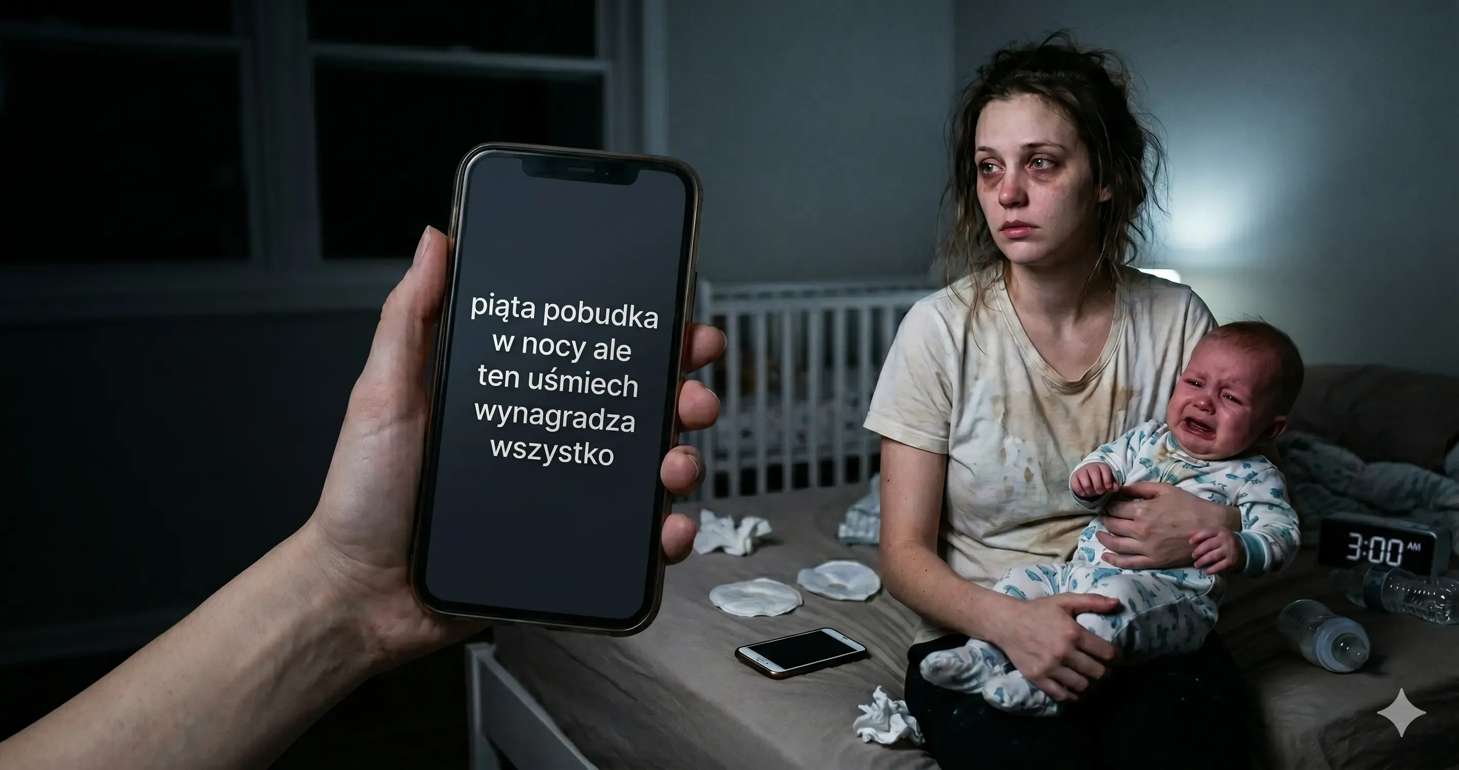 Zmęczona mama siedząca nad ranem w fotelu, usypiająca niemowlę - symbol wycieńczenia