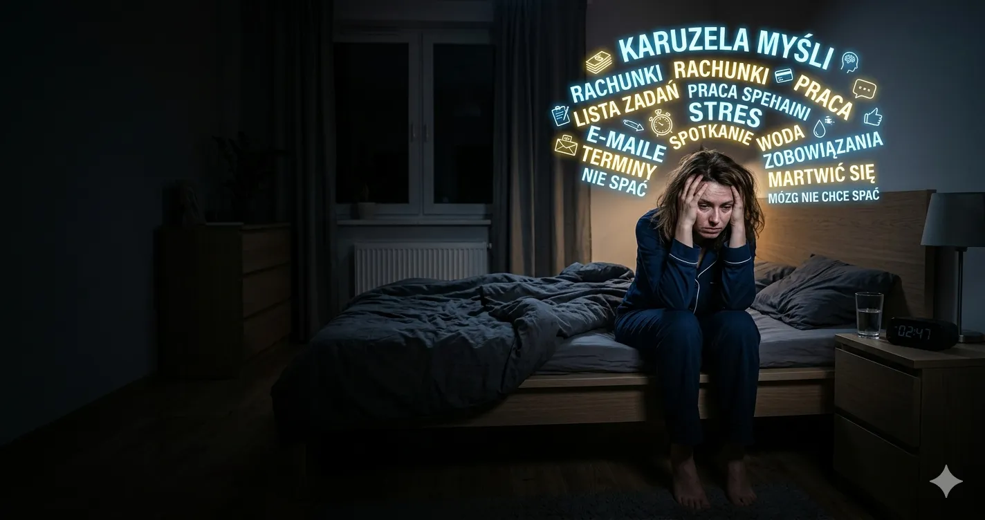 Kobieta leżąca w łóżku z otwartymi oczami, patrząca w sufit – ilustracja problemów z zasypianiem i bezsenności.