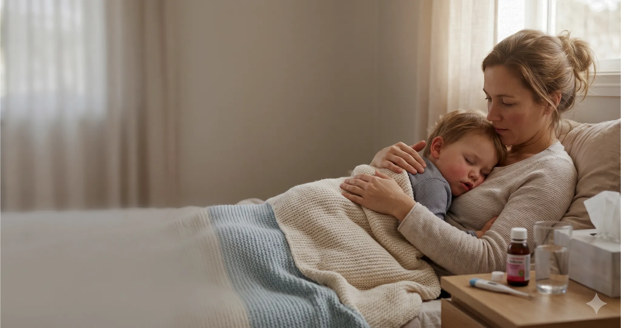 Śpiące, chore dziecko przykryte kocykiem pod opieką czuwającego rodzica – higiena snu w chorobie.